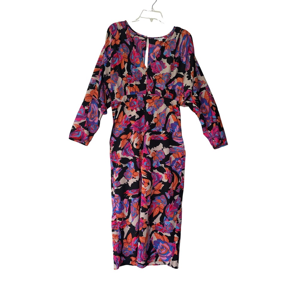 Topshop Womens‎ Floral Midi Dress V-Neck Long Sleeve Pink Blue Orange Size US 8